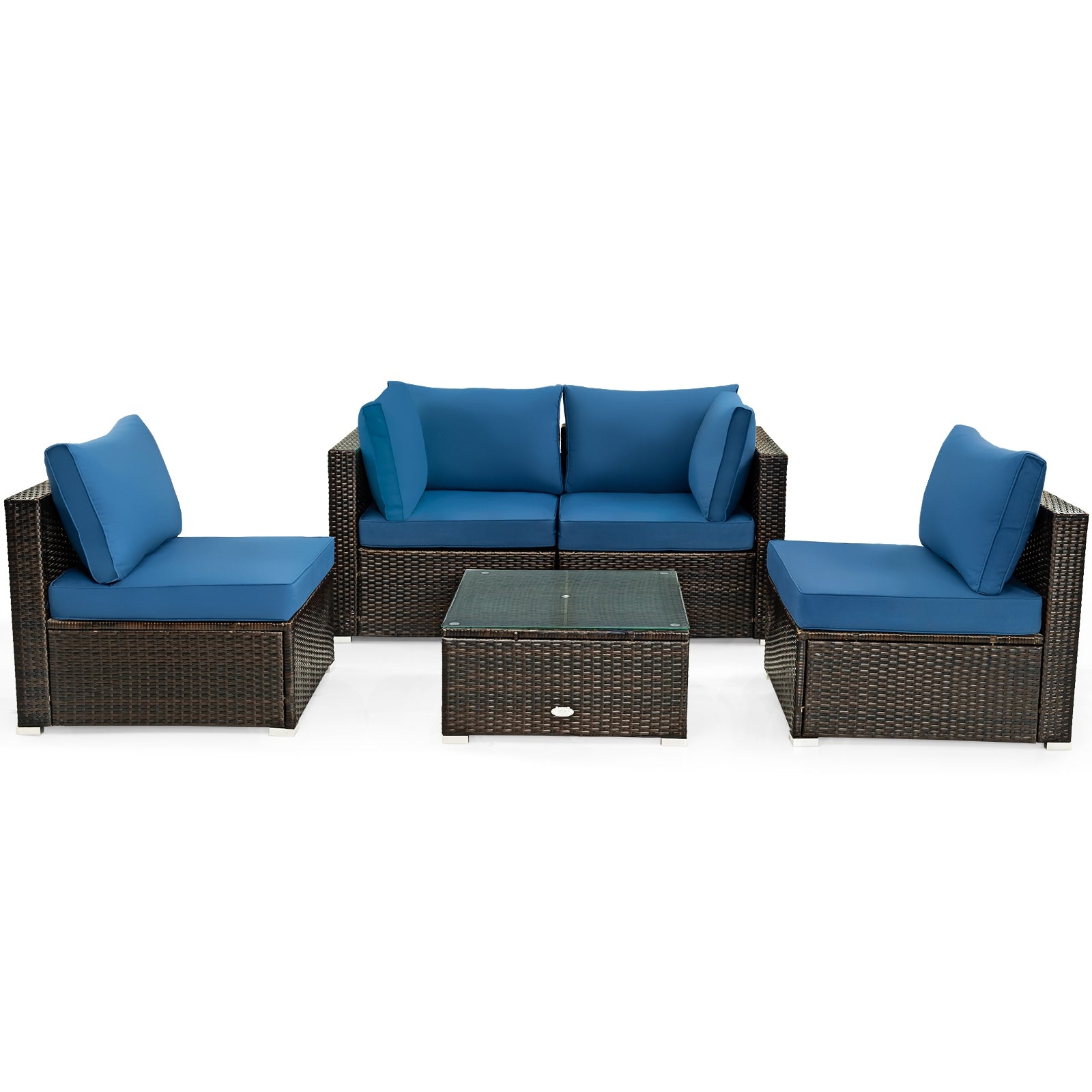 5 Pieces Cushioned Patio Rattan Furniture Set with Glass Table-Black - Navy
