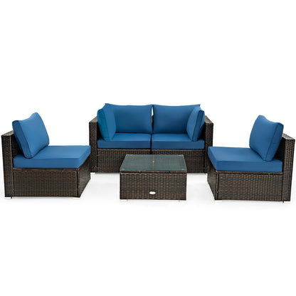 5 Pieces Cushioned Patio Rattan Furniture Set with Glass Table-Black - Navy