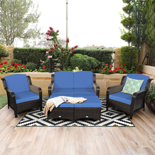 5 Pieces Patio Rattan Sofa Set with Cushion and Ottoman