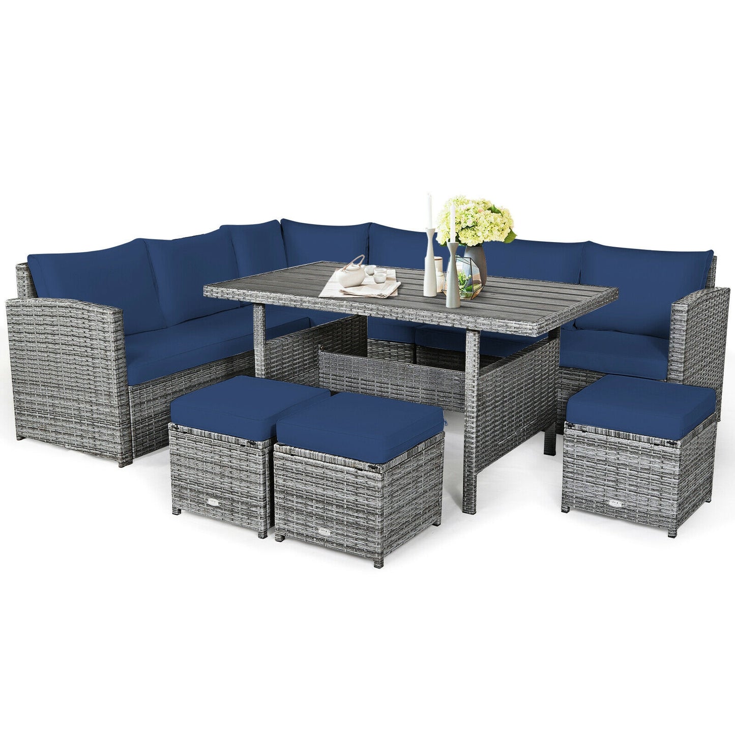7 Pieces Patio Rattan Dining Furniture Sectional Sofa Set with Wicker Ottoman-Red - Navy