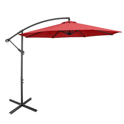 10 Feet Offset Umbrella with 8 Ribs Cantilever and Cross Base-Red - Red