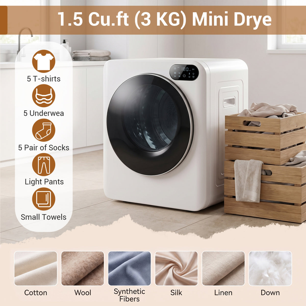 1.5 Cu Ft Portable Clothes Dryer with LED Touch Control