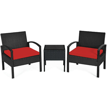 3 Pieces Outdoor Rattan Patio Conversation Set with Seat Cushions-White - Red