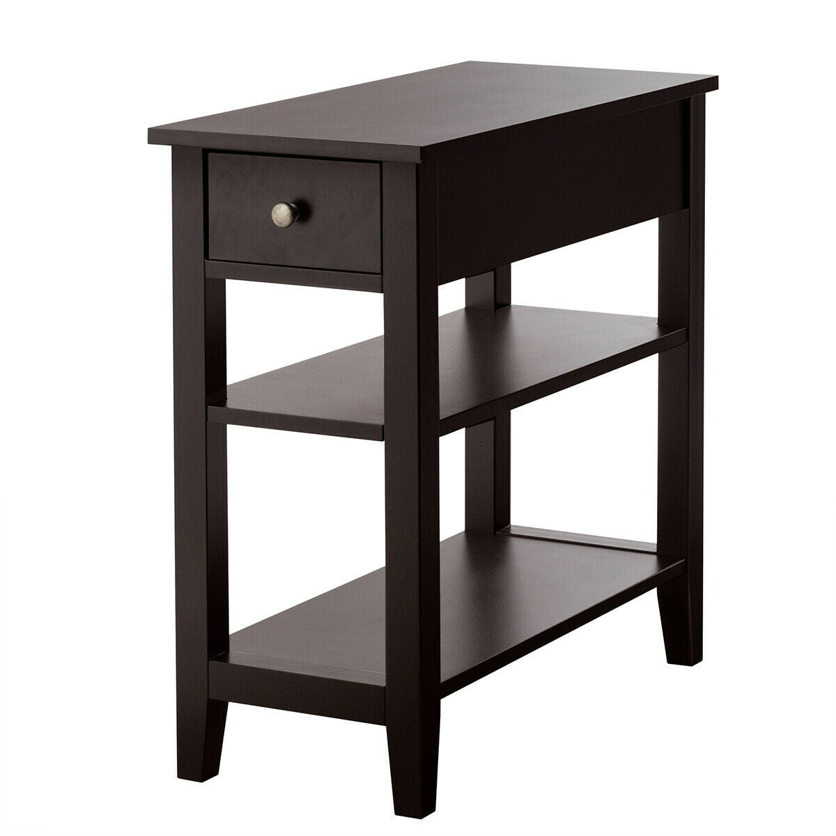3-Tier Nightstand Bedside Table Sofa Side with Double Shelves Drawer-Black - Brown