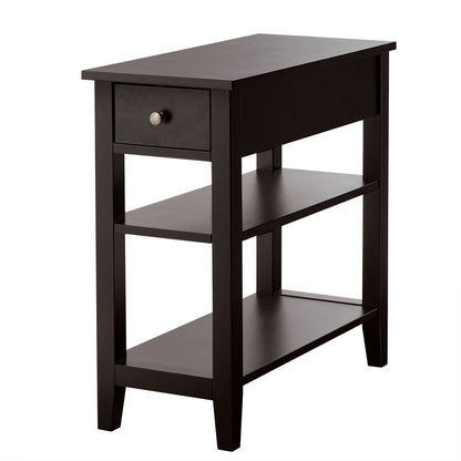 3-Tier Nightstand Bedside Table Sofa Side with Double Shelves Drawer-Black - Brown