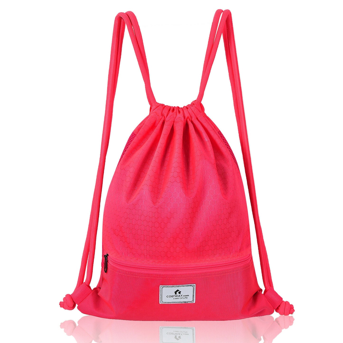 Drawstring Backpack String Bag Foldable Sports Sack with Zipper Pocket-Green - Pink