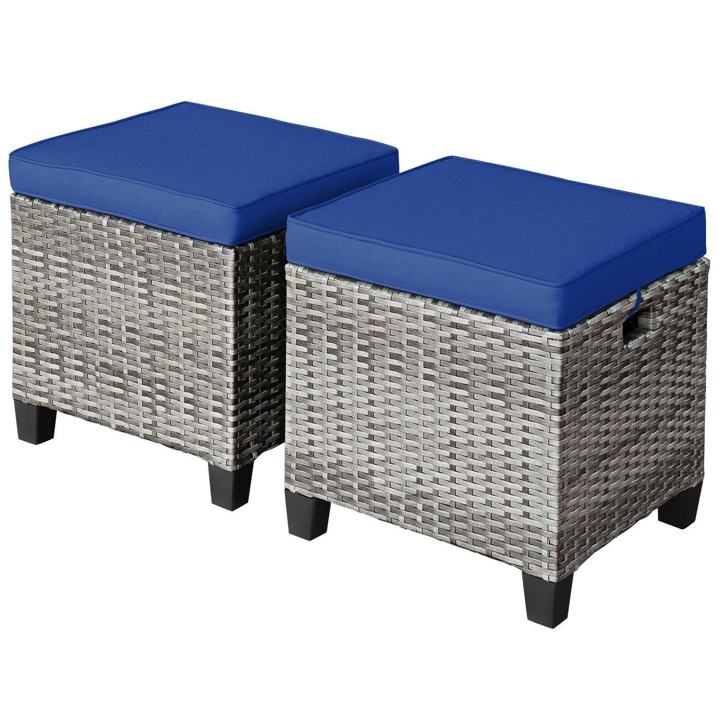 2PCS Patio Rattan Wicker Ottoman Seat with Removable Cushions-Turquoise - Navy