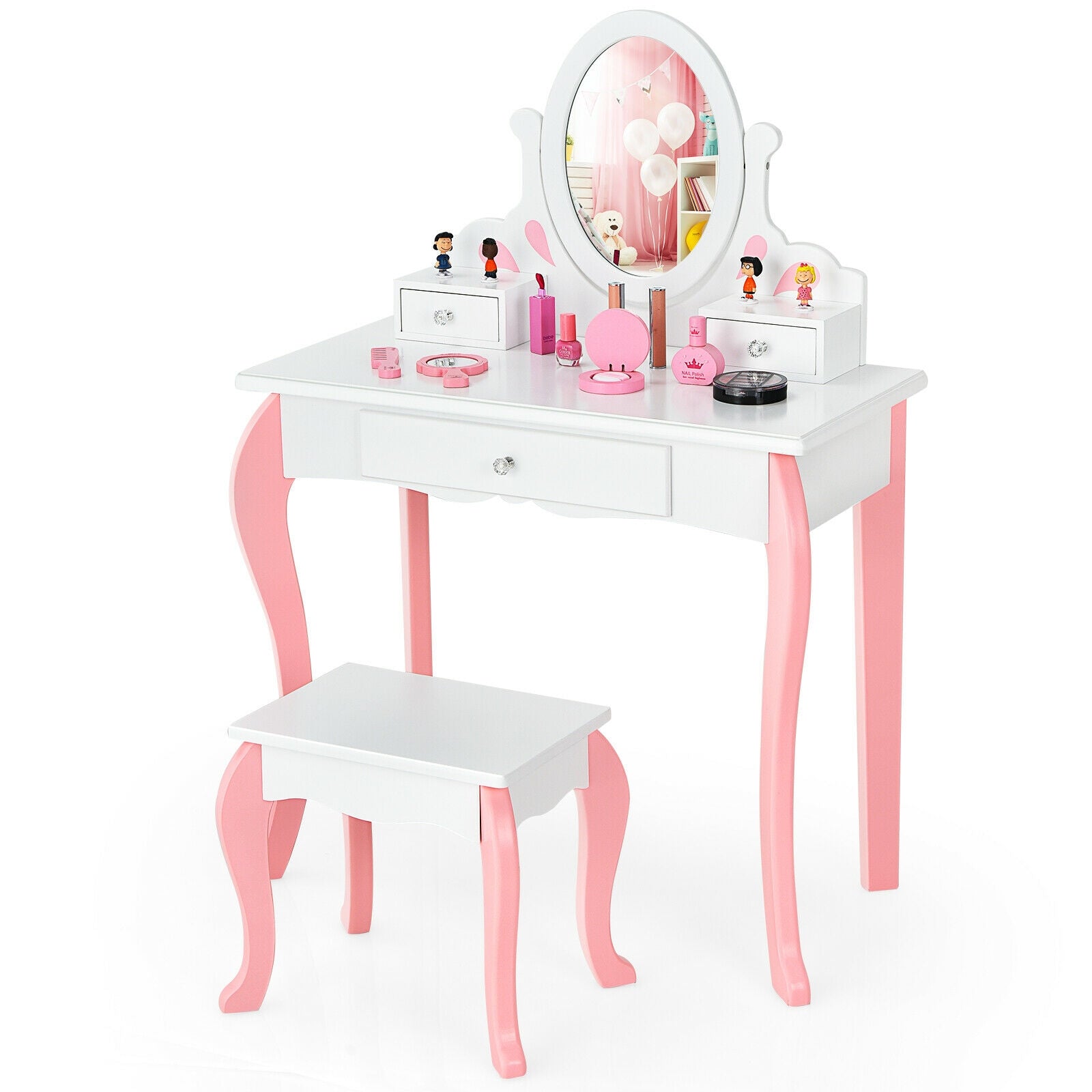Kids Vanity Princess Makeup Dressing Table Stool Set with Mirror and Drawer-Pink - White
