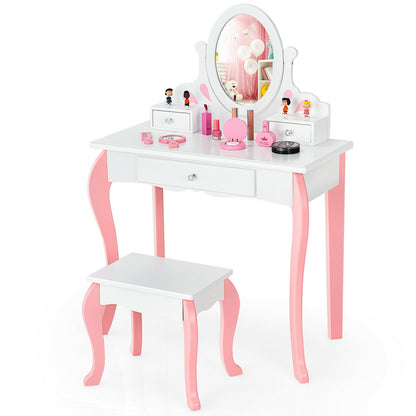 Kids Vanity Princess Makeup Dressing Table Stool Set with Mirror and Drawer-Pink - White