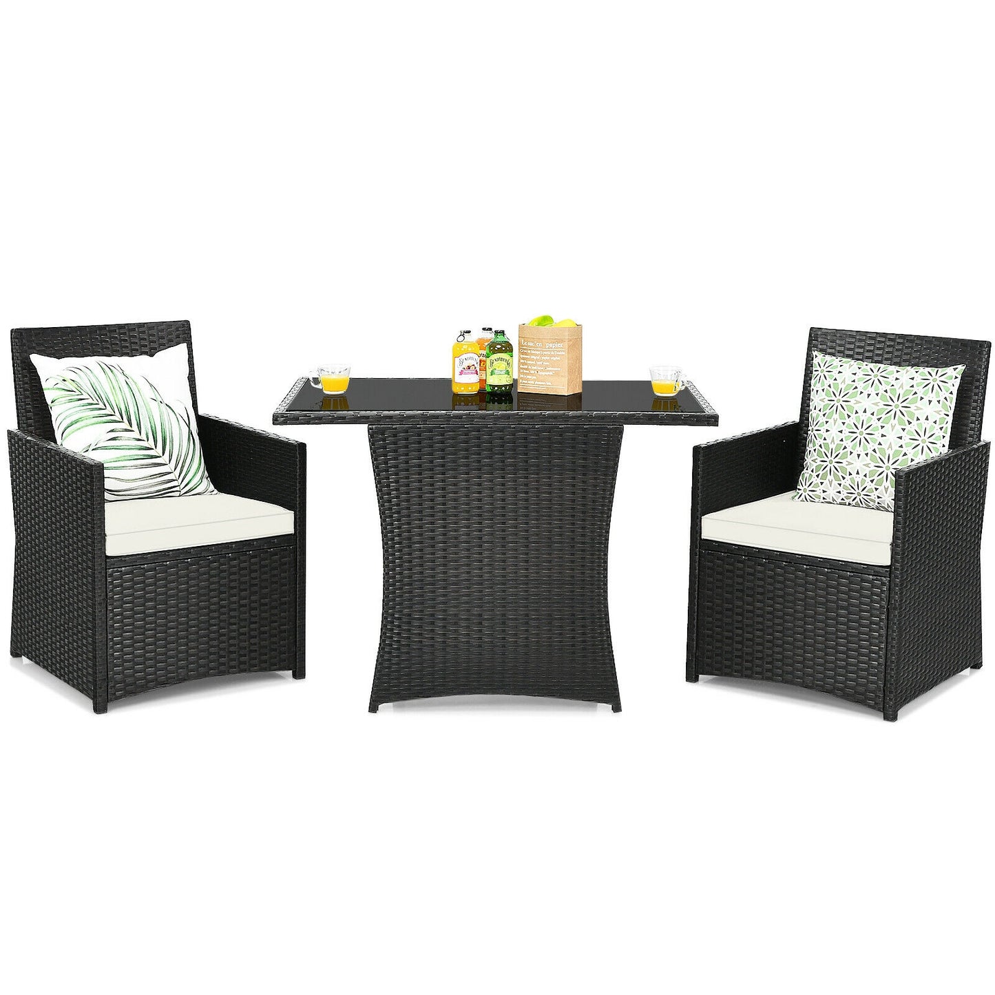 3 Pieces Patio Rattan Furniture Set with Cushion and Sofa Armrest-White - White
