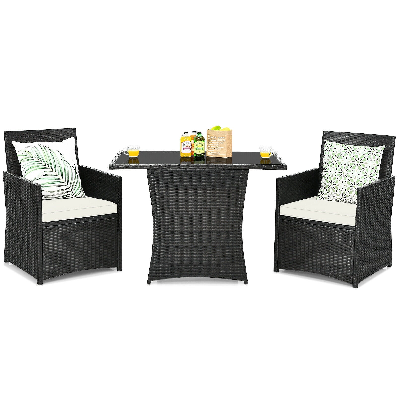 3 Pieces Patio Rattan Furniture Set with Cushion and Sofa Armrest-White - White