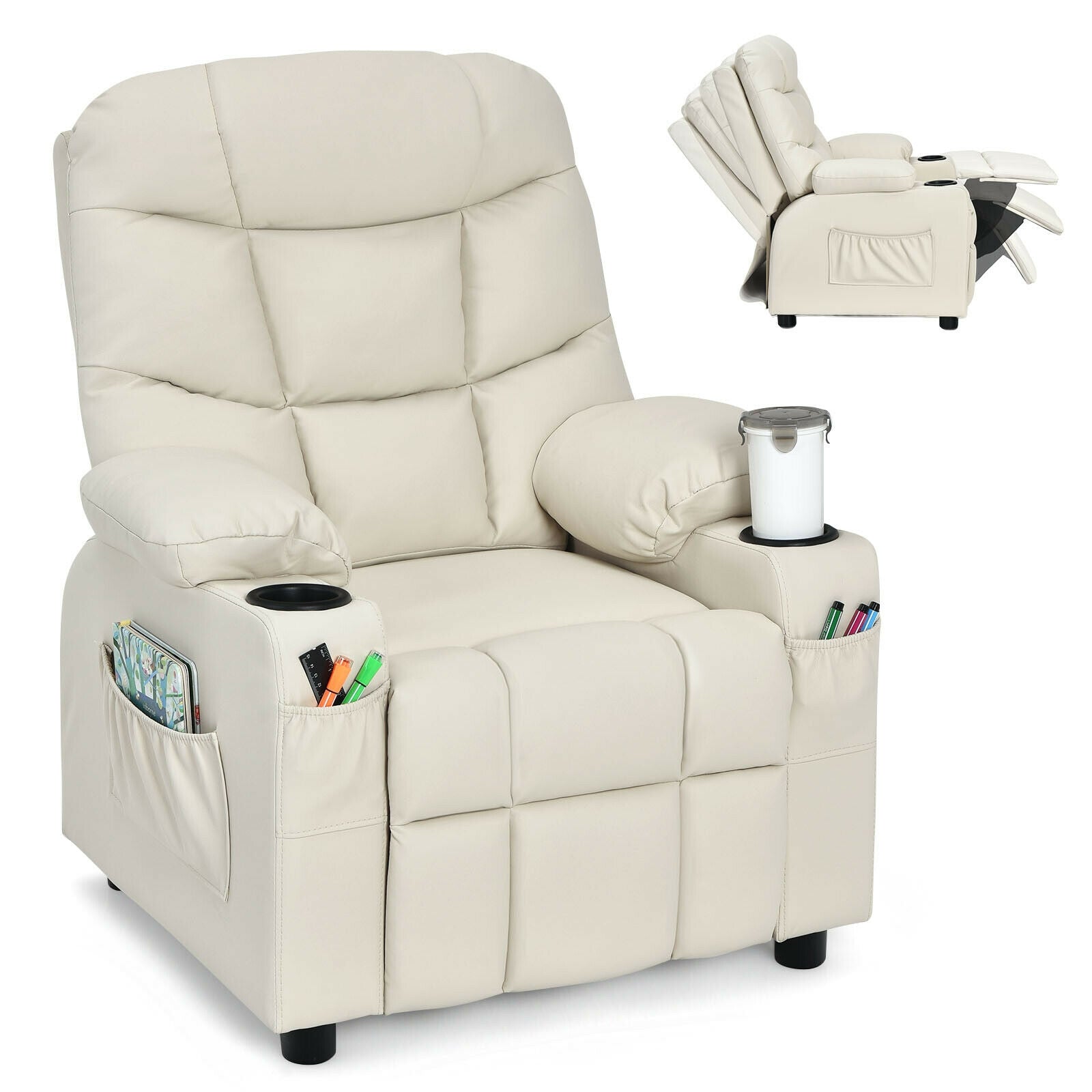 Kids Recliner Chair with Cup Holder and Footrest for Children-Black - Beige