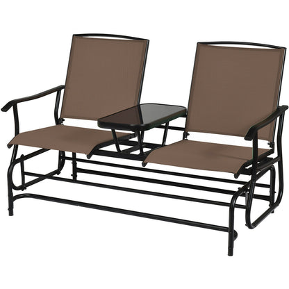 2-Person Double Rocking Loveseat with Mesh Fabric and Center Tempered Glass Table-Red - Brown