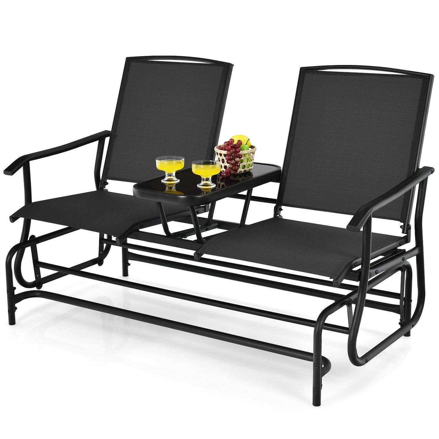 2-Person Double Rocking Loveseat with Mesh Fabric and Center Tempered Glass Table-Red - Black