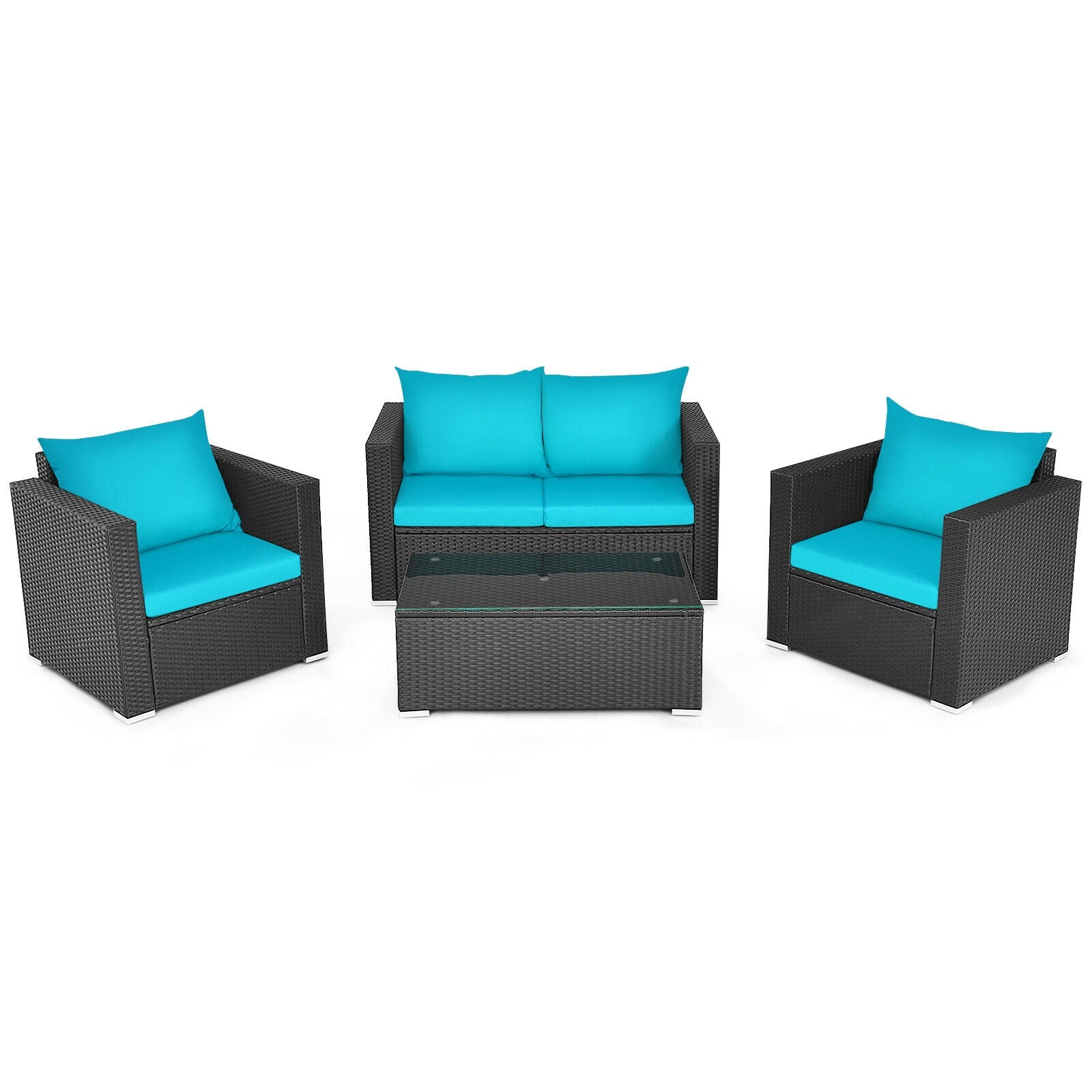 4 Pieces Patio Rattan Conversation Set with Cushions and Coffee Table-Red - Turquoise