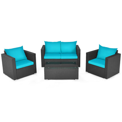 4 Pieces Patio Rattan Conversation Set with Cushions and Coffee Table-Red - Turquoise