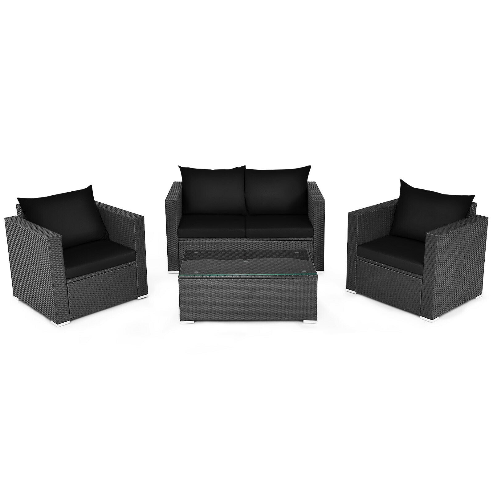 4 Pieces Patio Rattan Conversation Set with Cushions and Coffee Table-Red - Black