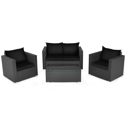 4 Pieces Patio Rattan Conversation Set with Cushions and Coffee Table-Red - Black