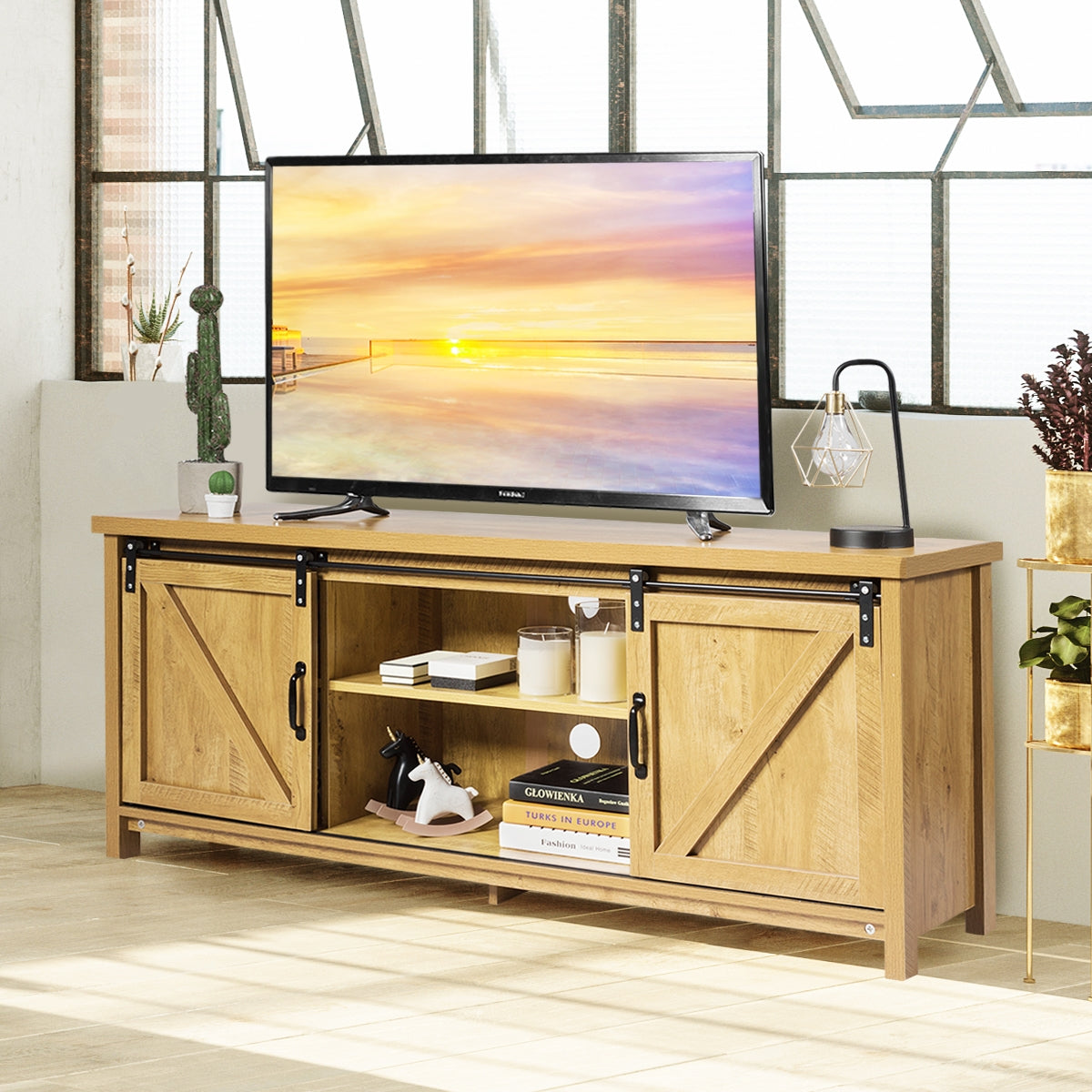 TV Stand Media Center Console Cabinet with Sliding Barn Door - Natural