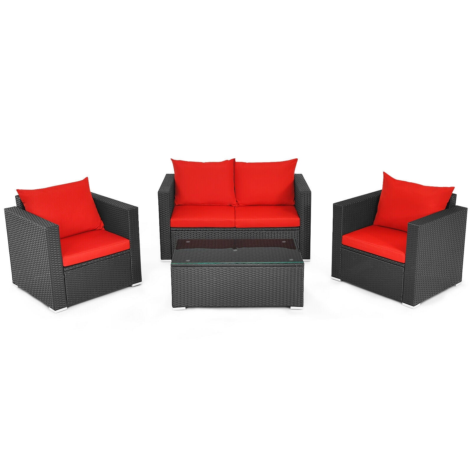 4 Pieces Patio Rattan Conversation Set with Cushions and Coffee Table-Red - Red