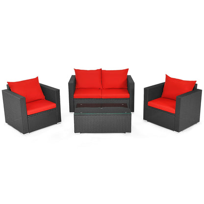 4 Pieces Patio Rattan Conversation Set with Cushions and Coffee Table-Red - Red
