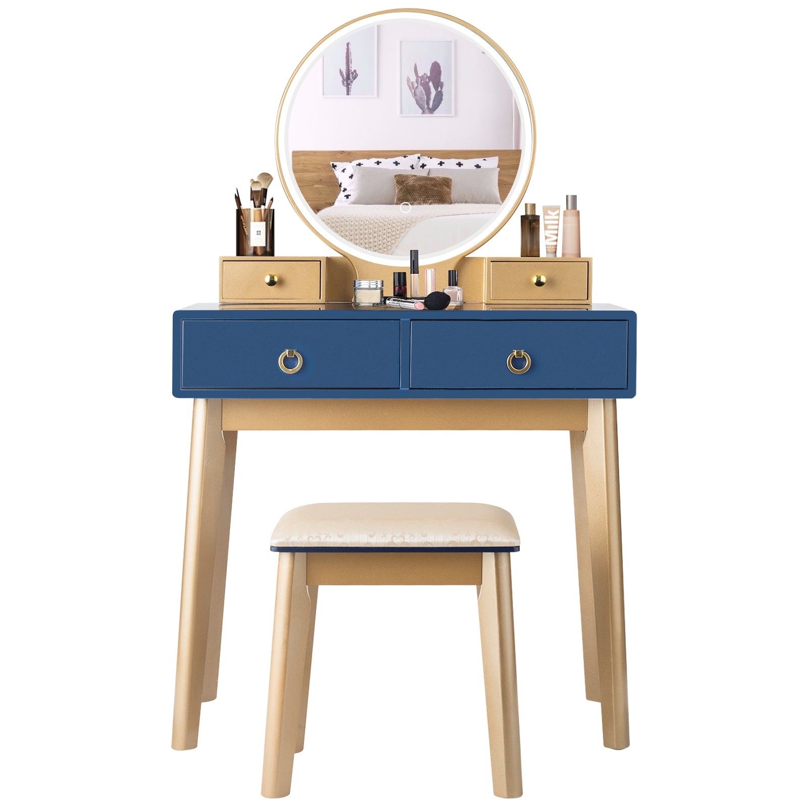 Makeup Vanity Table Set 3 Color Lighting Dressing Table-Blue - Blue