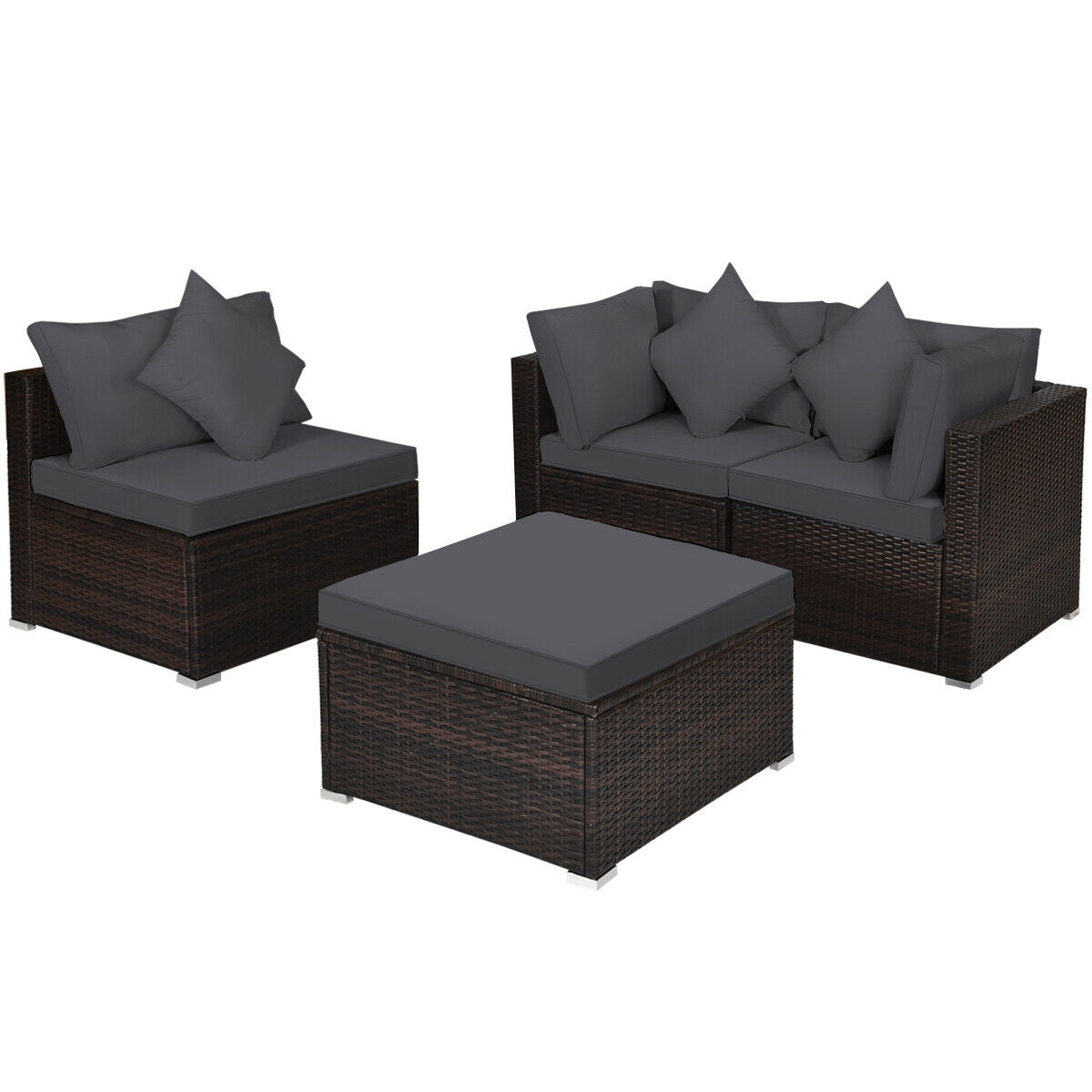 4 Pcs Ottoman Garden Deck Patio Rattan Wicker Furniture Set Cushioned Sofa-White - Gray