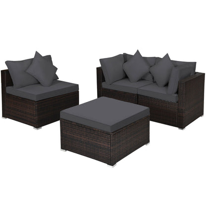 4 Pcs Ottoman Garden Deck Patio Rattan Wicker Furniture Set Cushioned Sofa-White - Gray