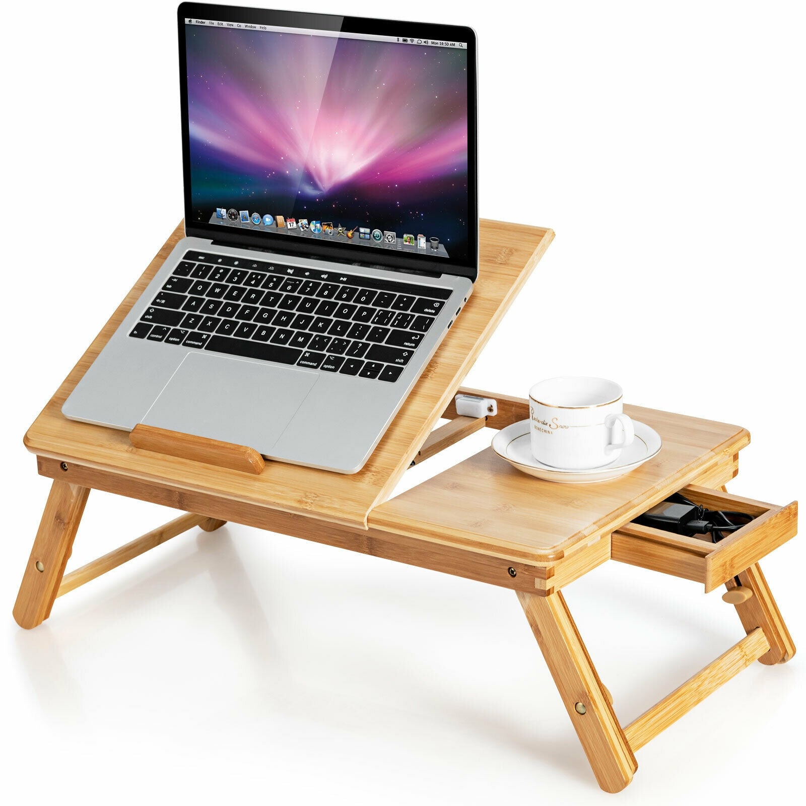 Bamboo Laptop Lap Tray with Adjustable Legs and Tilting Heat-dissipation Top-Natural - Natural