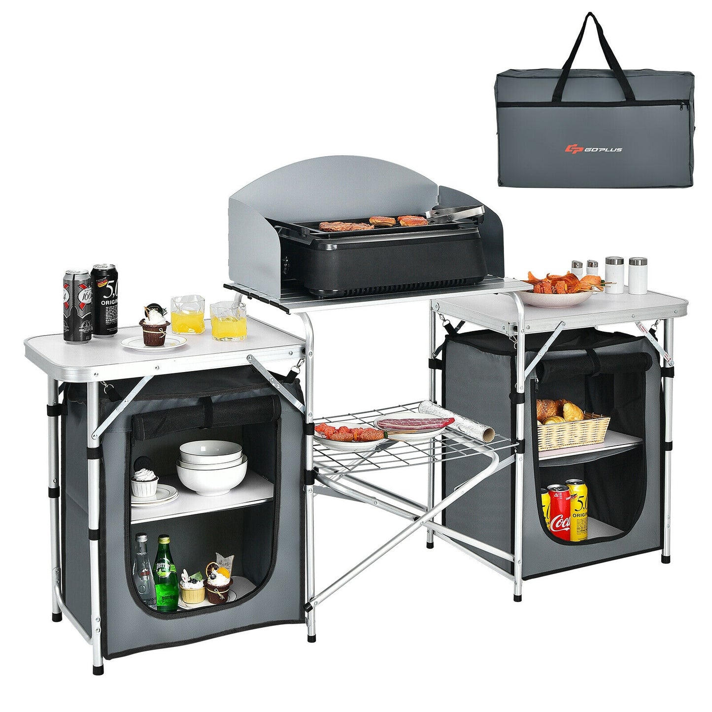 Folding Camping Table with Storage Organizer-Black - Gray