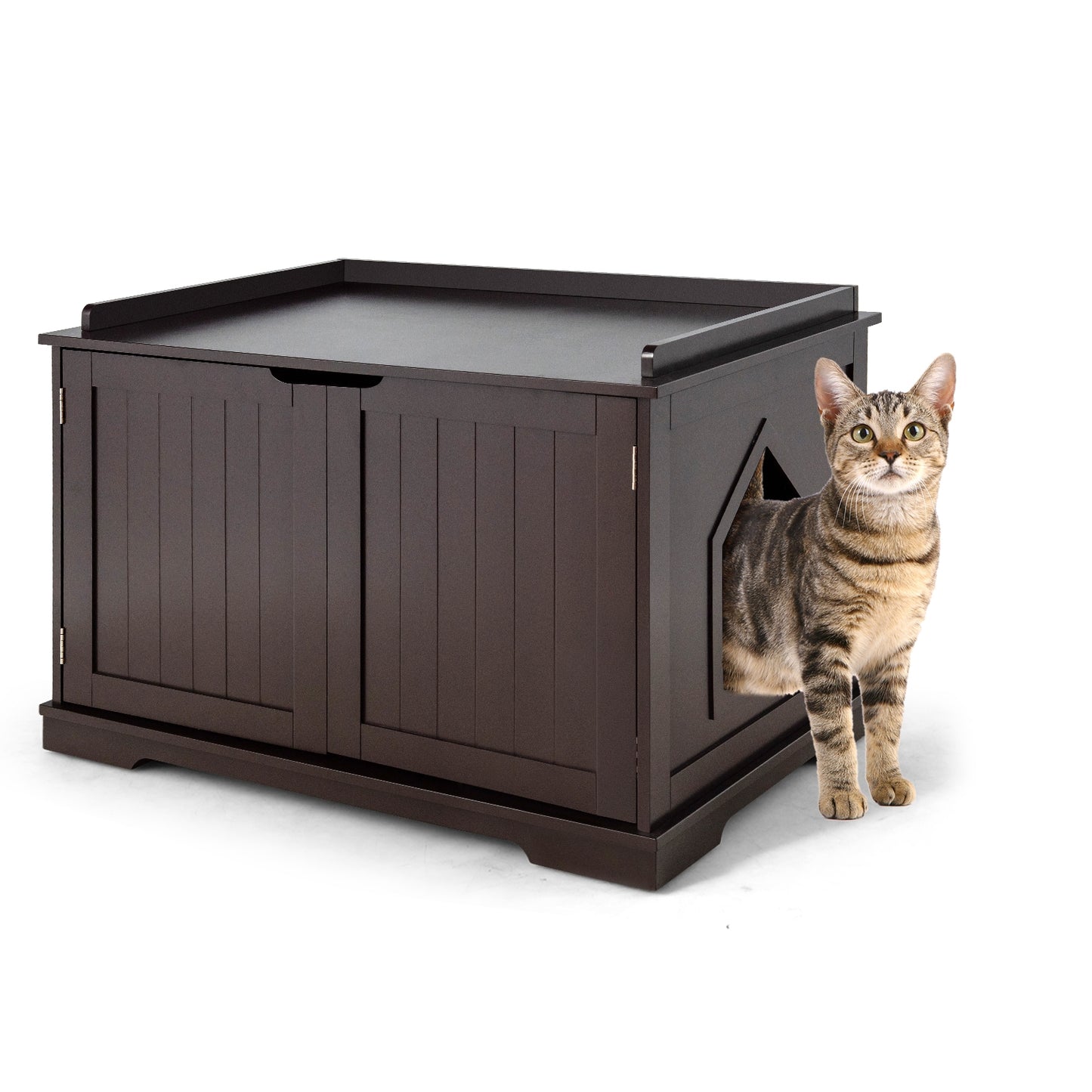 Cat Litter Box Enclosure with Double Doors for Large Cat and Kitty-Brown - Brown
