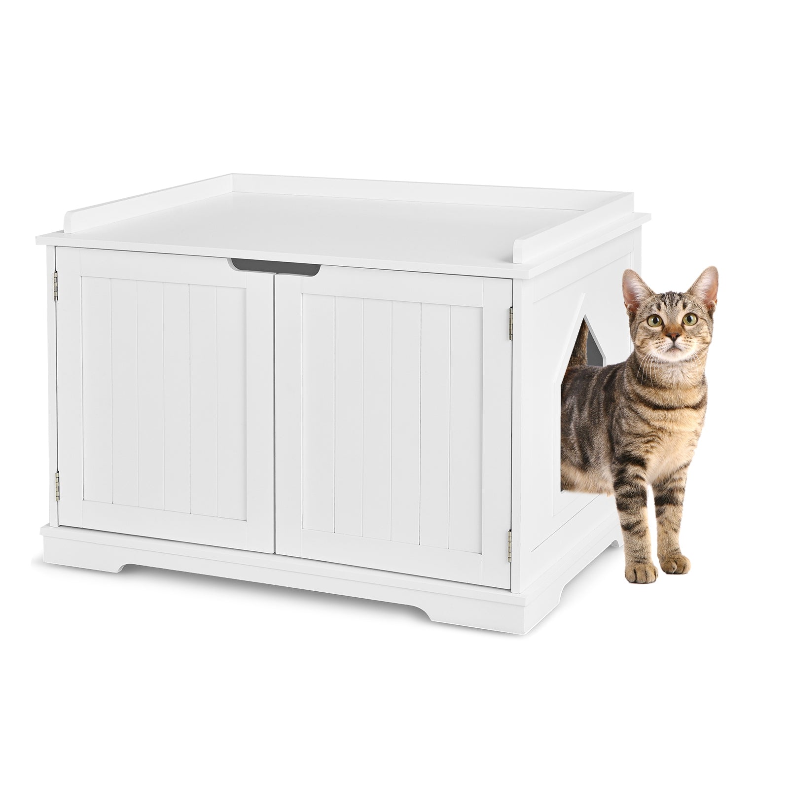 Cat Litter Box Enclosure with Double Doors for Large Cat and Kitty-Brown - White