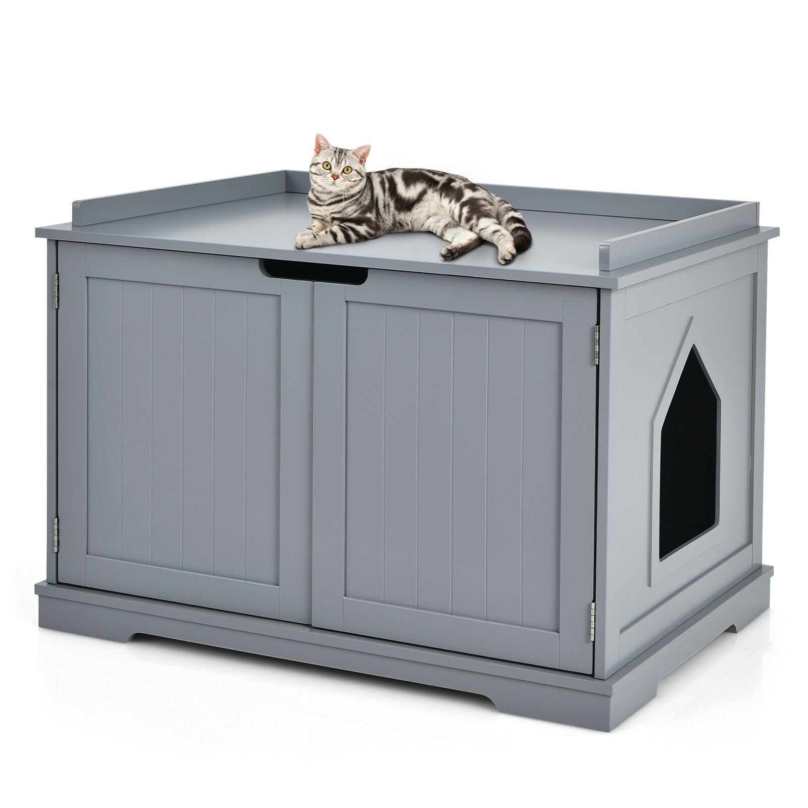 Cat Litter Box Enclosure with Double Doors for Large Cat and Kitty-Brown - Gray