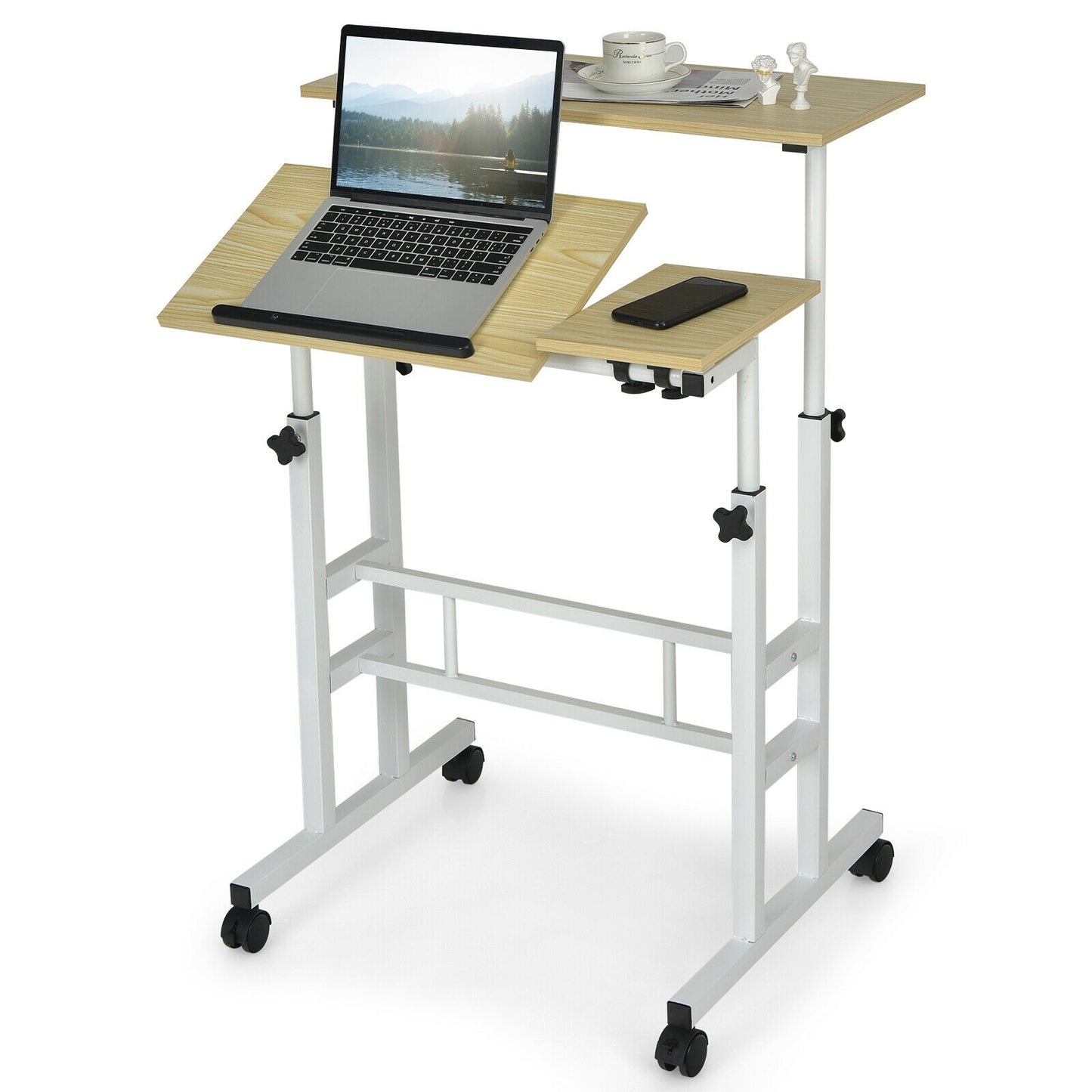 Mobile Standing up Desk Adjustable Computer Desk Tilting Workstation-Natural - Natural