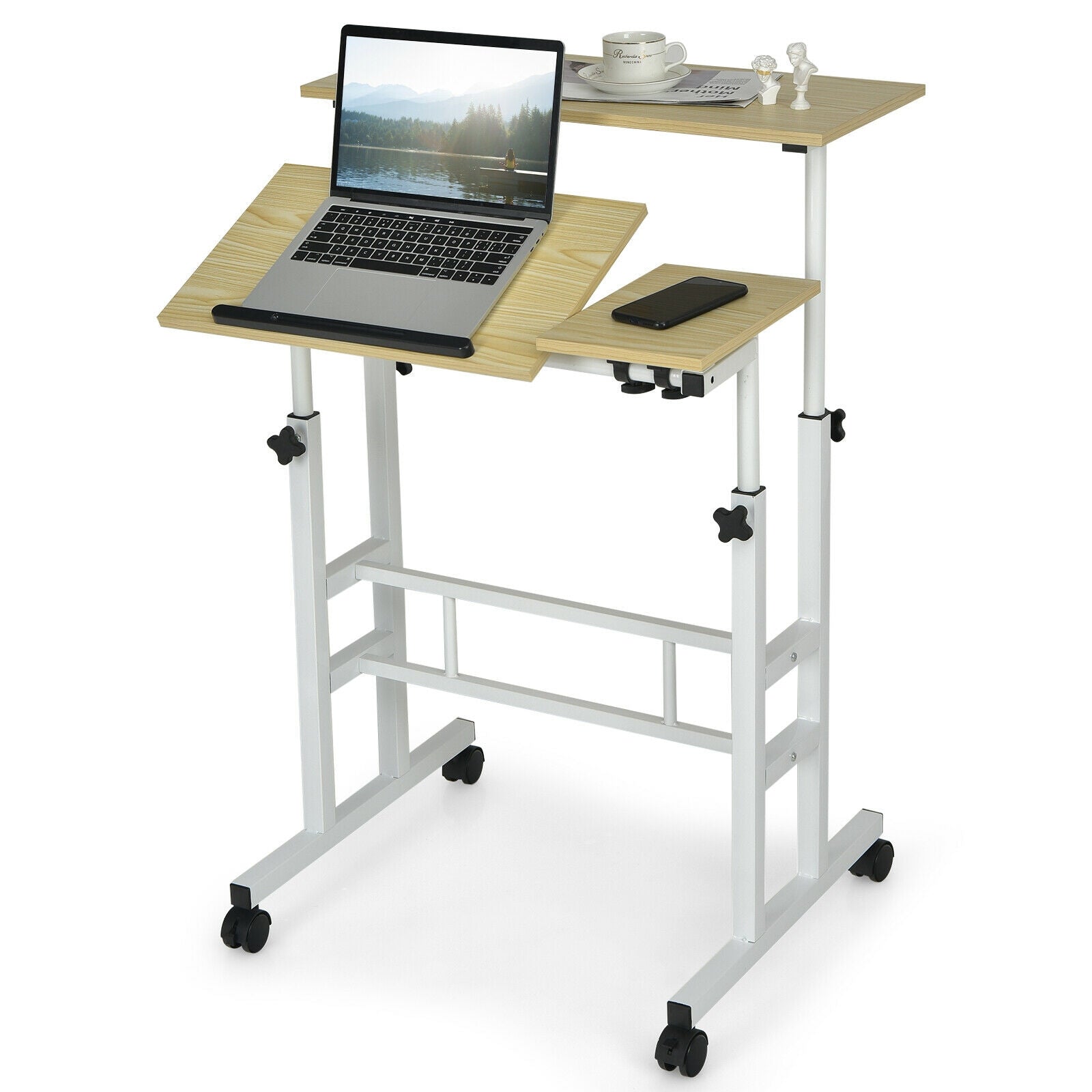 Mobile Standing up Desk Adjustable Computer Desk Tilting Workstation-Natural - Natural