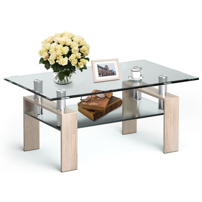 Rectangle Glass Coffee Table with Metal Legs for Living Room-Natural