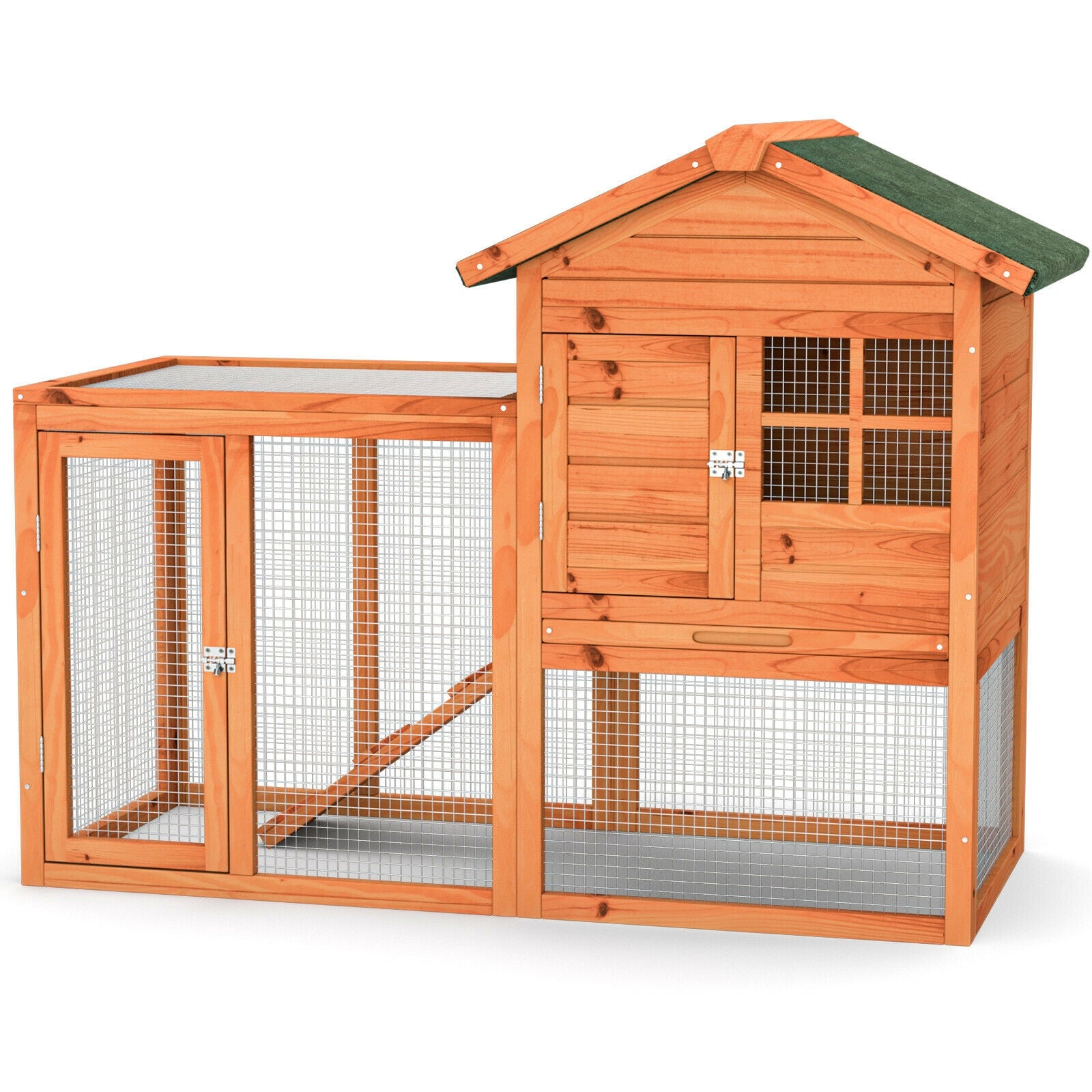 2-Story Wooden Rabbit Hutch with Running Area-Gray - Natural