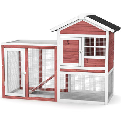 2-Story Wooden Rabbit Hutch with Running Area-Gray - White