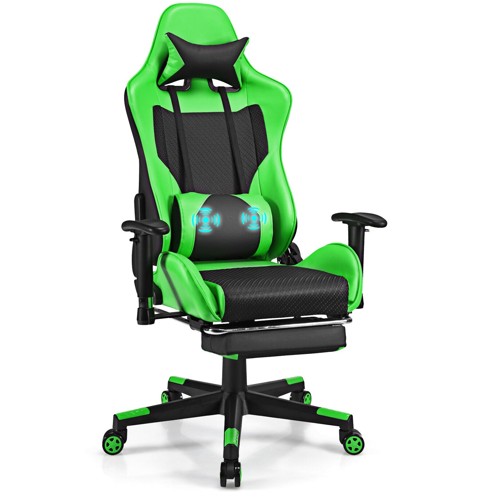 PU Leather Gaming Chair with USB Massage Lumbar Pillow and Footrest-Red - Green