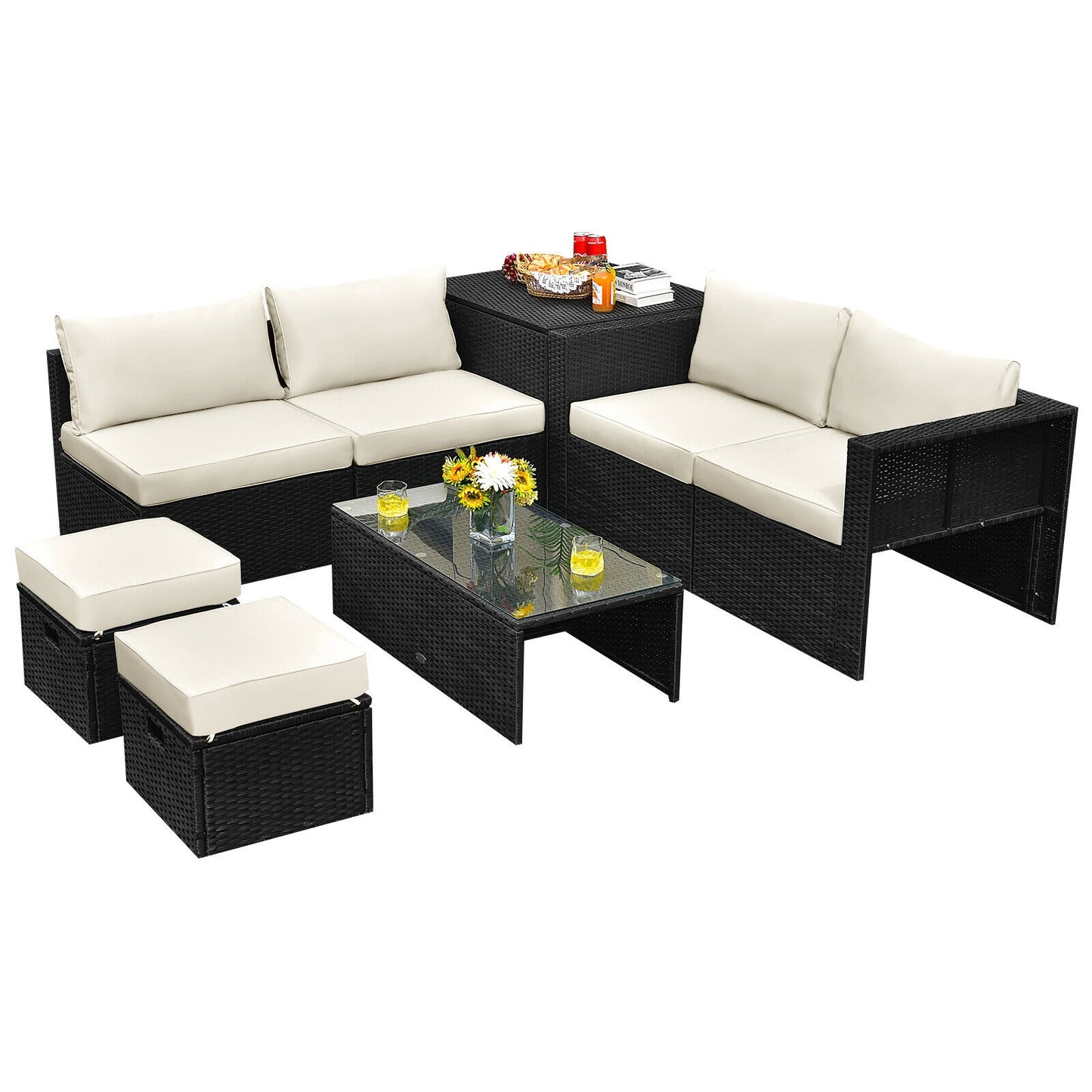 8 Pieces Patio Rattan Storage Table Furniture Set-Navy - Off White