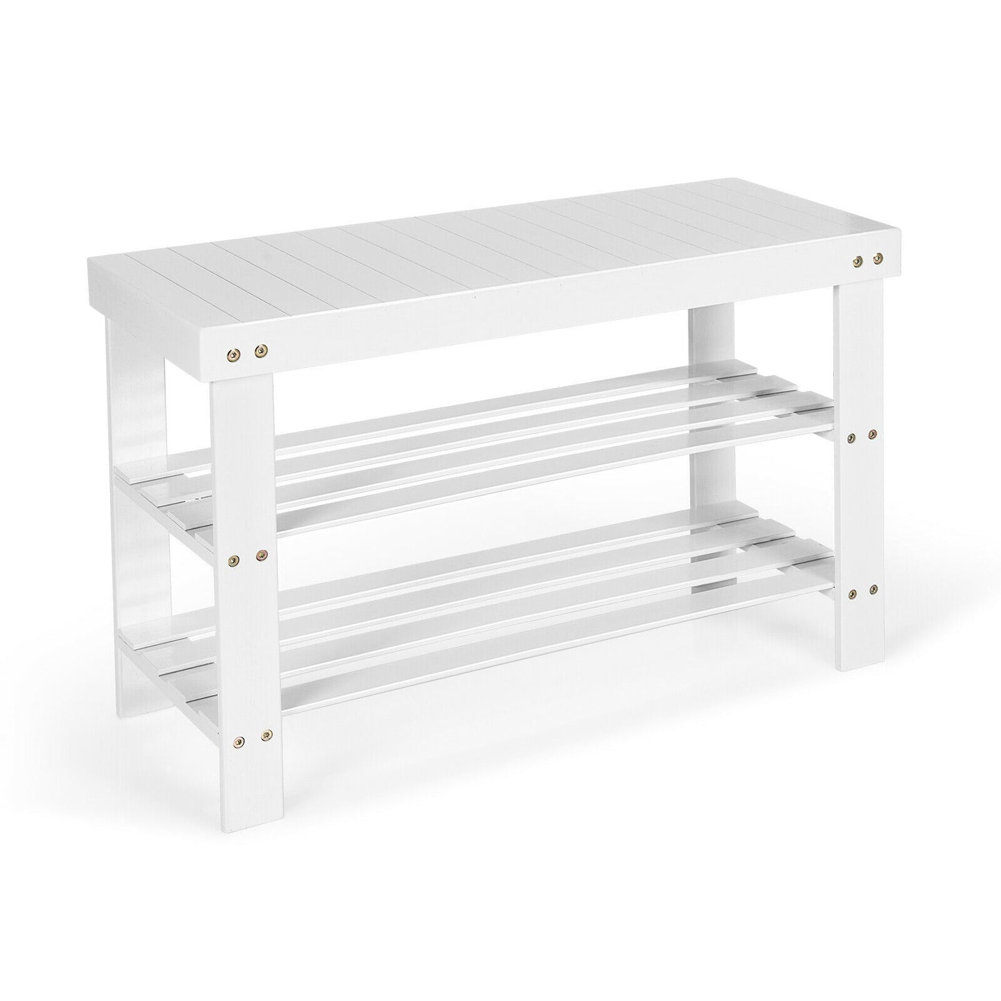 3-Tier Bamboo Shoe Bench Holds up to 6 Pairs for Entry-White - White