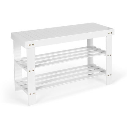 3-Tier Bamboo Shoe Bench Holds up to 6 Pairs for Entry-White - White