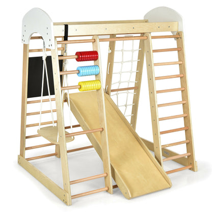 Indoor Playground Climbing Gym Wooden 8-in-1 Climber Playset for Children-Natural - Natural