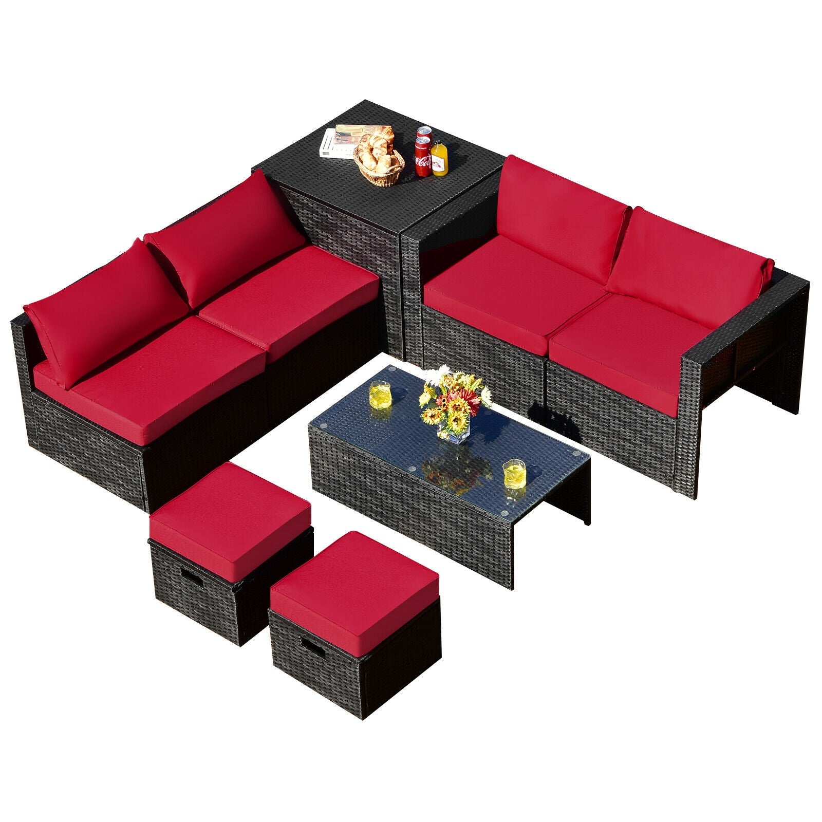8 Pieces Patio Rattan Storage Table Furniture Set-Navy - Red