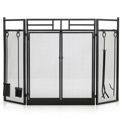 3-Panel Folding Wrought Iron Fireplace Screen with Doors and 4 Pieces Tools Set-Black