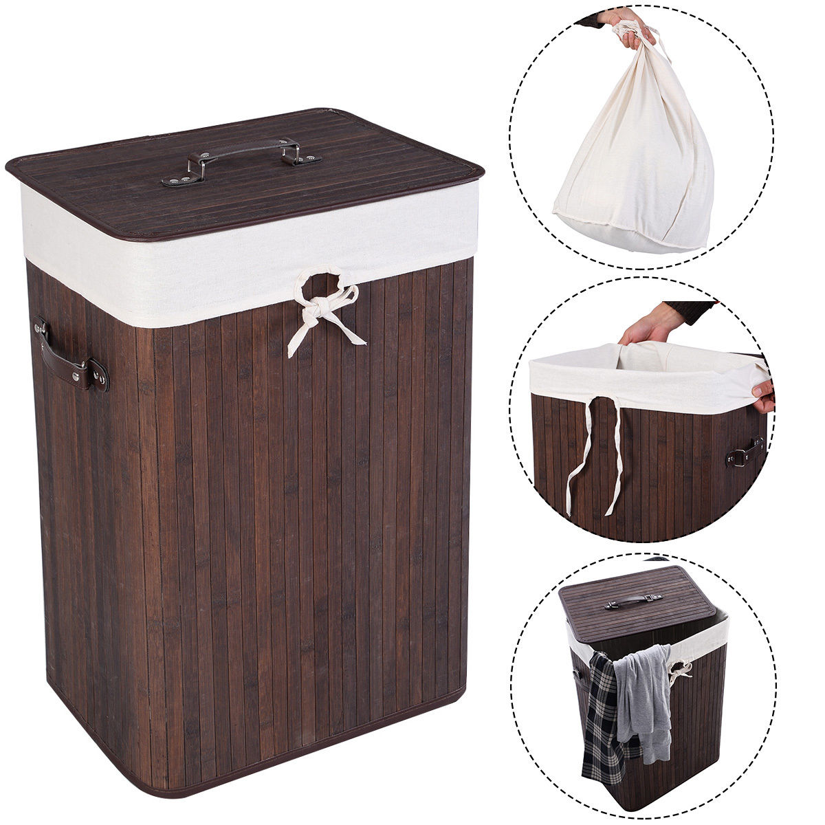 19 Gal Rectangle Laundry Basket Bamboo Clothes Hamper with Handles and Lid-Yellow - Brown
