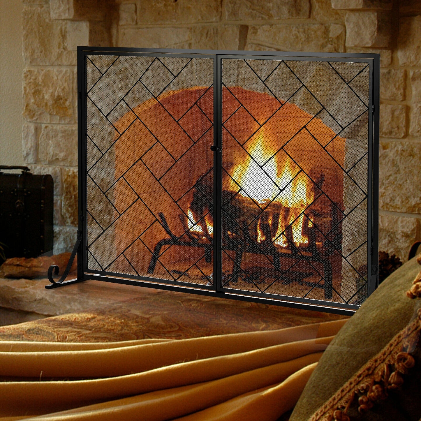 2-Panel Fireplace Screen Folding Metal Fire Place Safety Fence with Magnetic Doors-Black