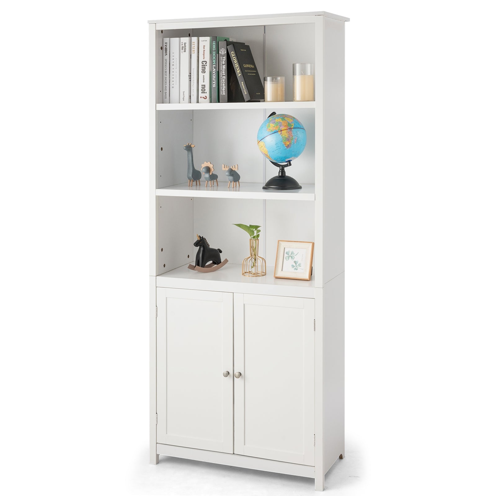 Bookcase Shelving Storage Wooden Cabinet Unit Standing Display Bookcase with Doors-White - White