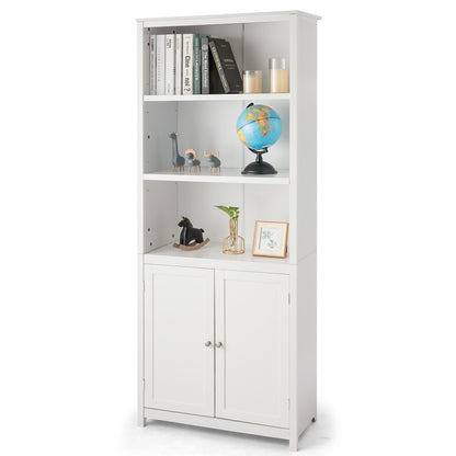 Bookcase Shelving Storage Wooden Cabinet Unit Standing Display Bookcase with Doors-White - White