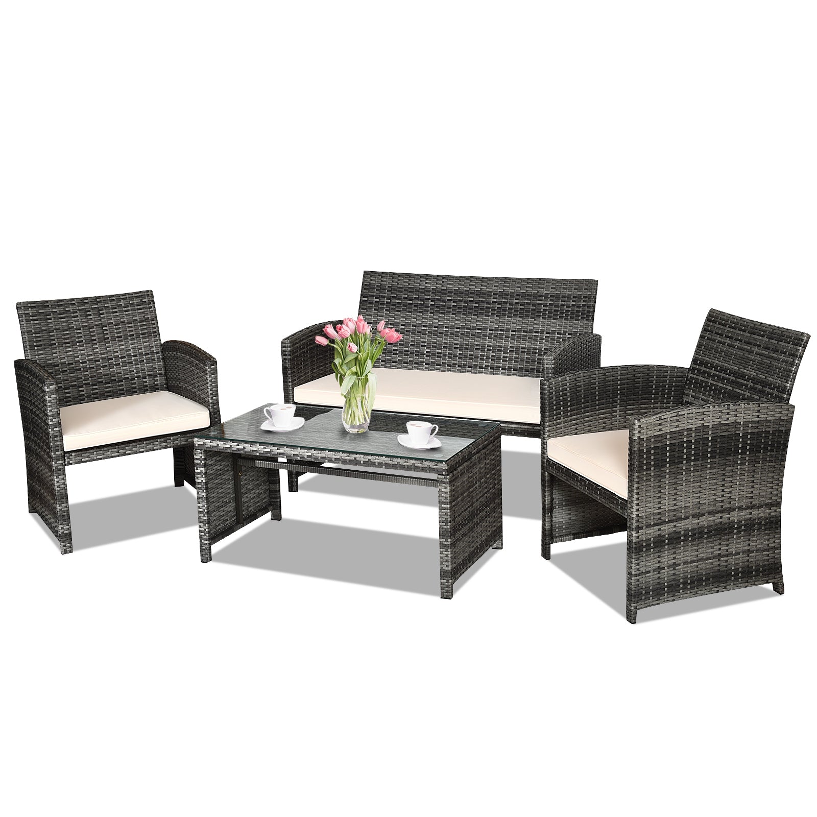 4 Pieces Patio Rattan Furniture Set with Glass Table and Loveseat-Gray - White